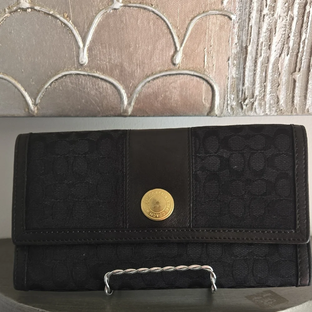 Vintage Coach Black Canvas Leather Trim Trifold Wallet
